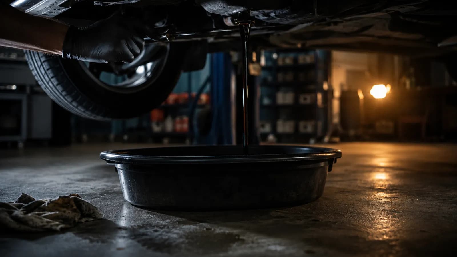 Cambio de aceite en curso: el aceite usado cayendo desde el motor hacia la bandeja.
